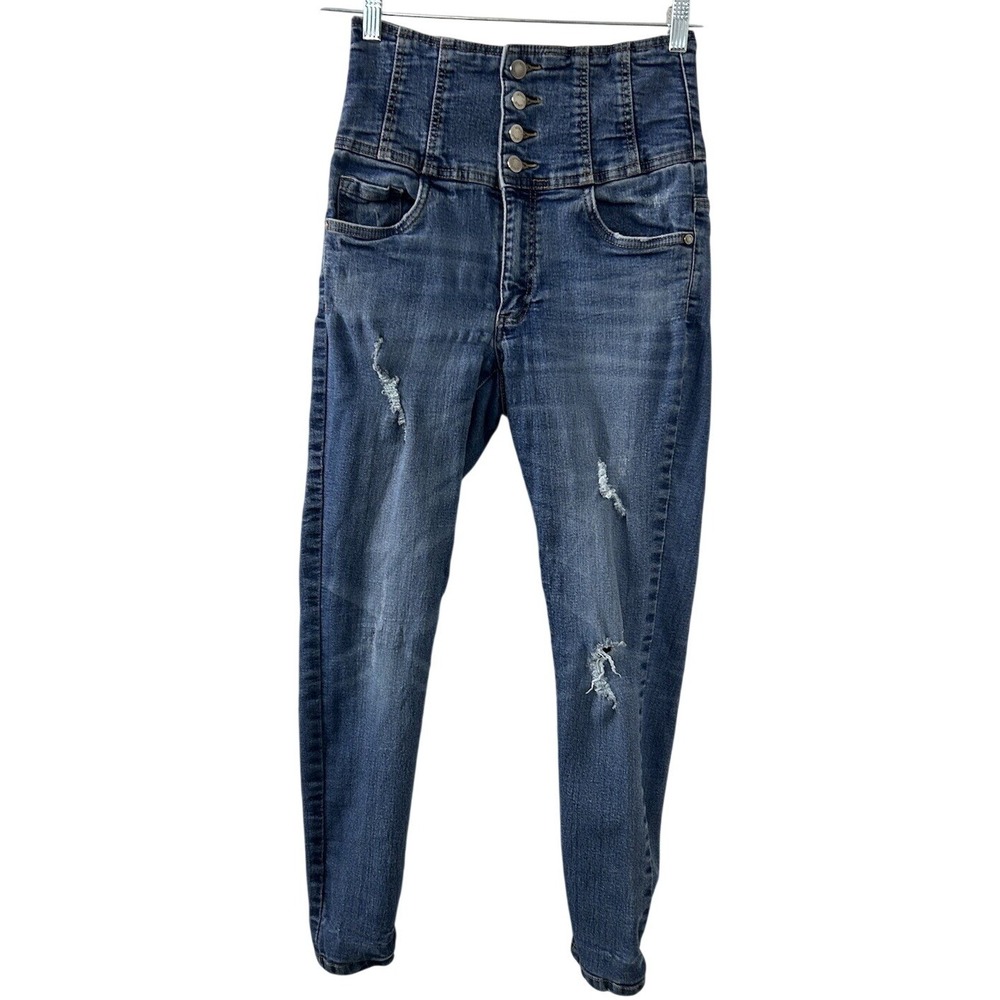 Venus Distressed Denim Skinny Jeans 4 Blue High Rise Corset Waist Y2K Edgy